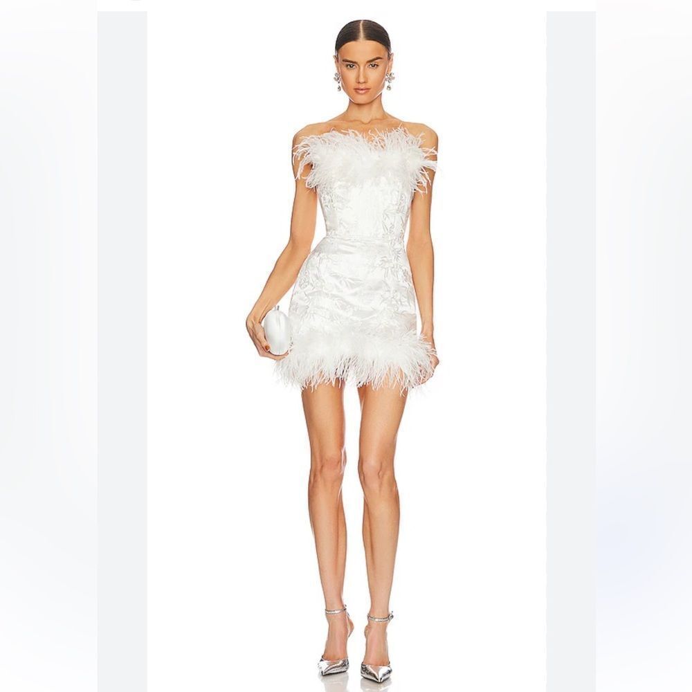 White Feather-Trim Off-Shoulder Mini Dress